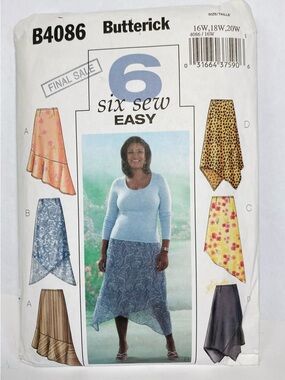 Butterick B4086 Asymmetrical Midi Skirt sizes 16W, 18W, 20W easy pattern. Uncut